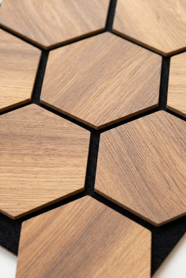 Panneaux acoustiques hexagonaux en feutre - Chêne foncé - Isolation phonique pour intérieur