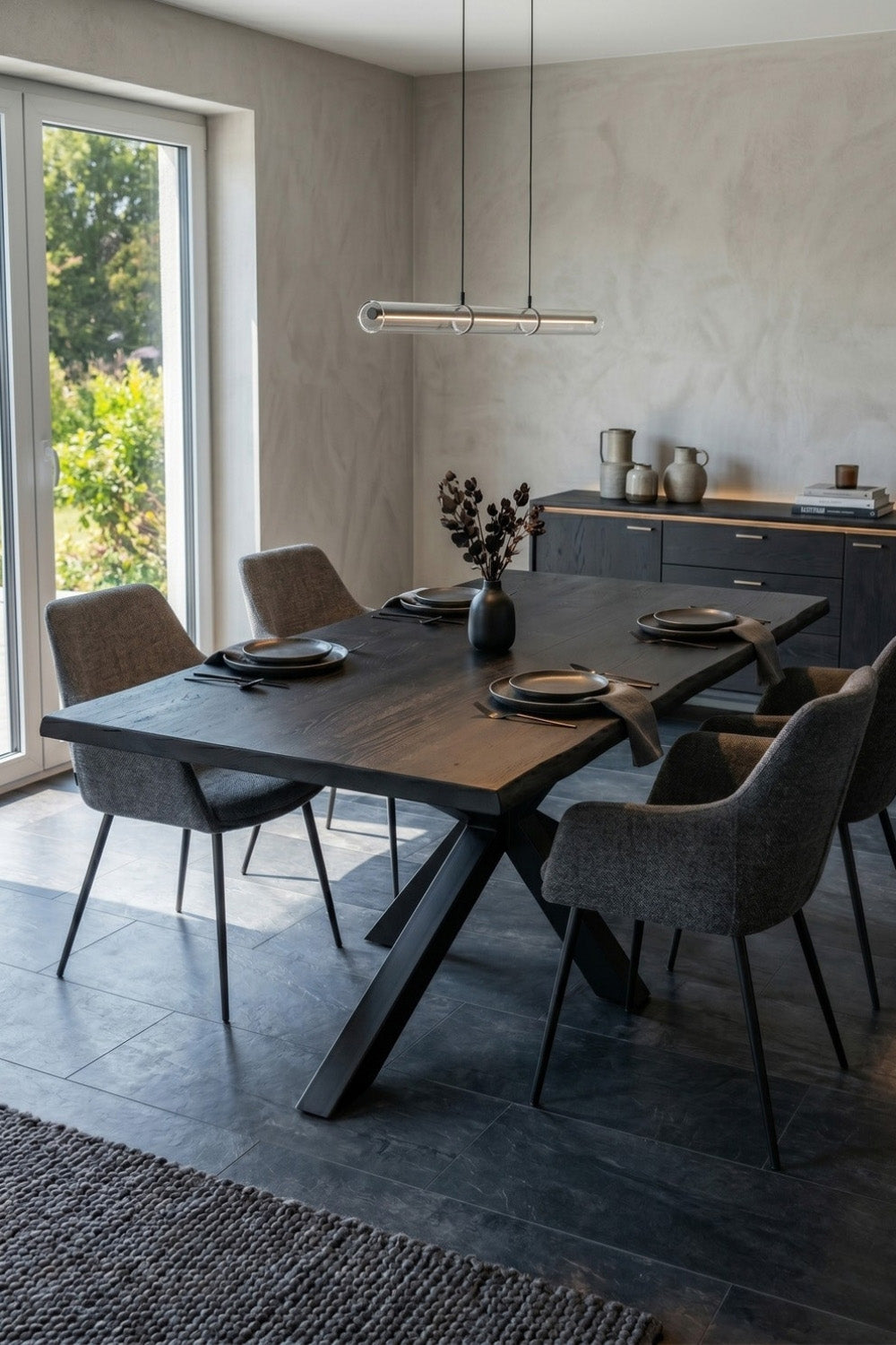 Massief eiken eettafel - Zwart - incl. spinpoot - 4 cm dikte