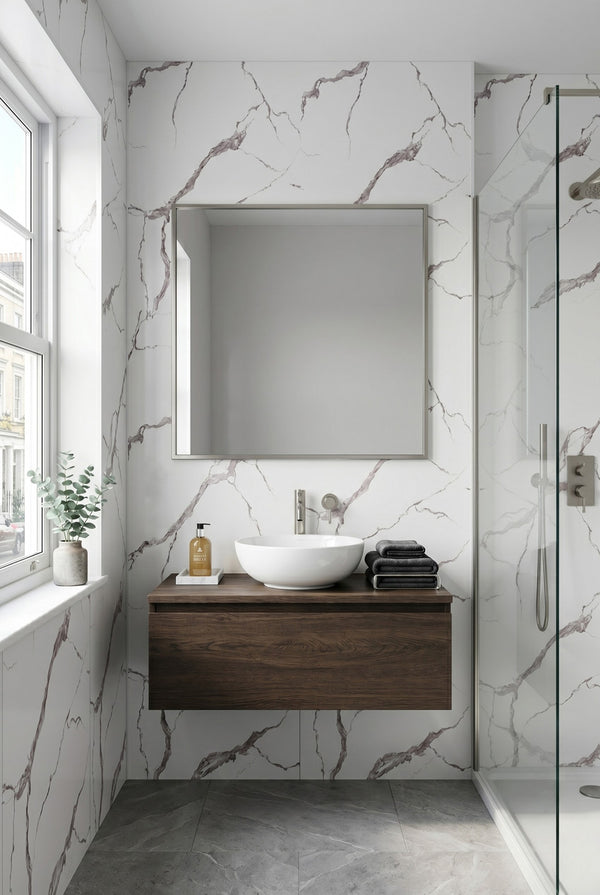 Panneau mural PVC - Blanc exclusif - Aspect marbre - 122 x 260 cm