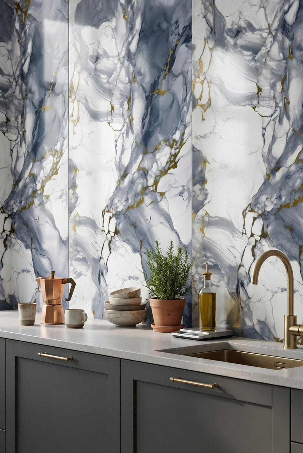 PVC-Wandpaneel - Gold Blau - Marmoroptik