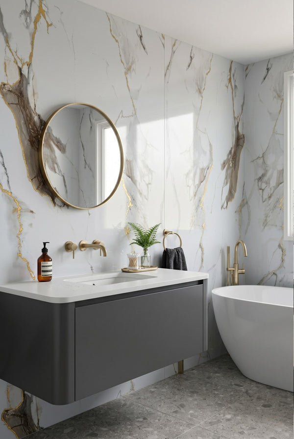 PVC-Wandpaneel - Gold Weiß - Marmoroptik - 122 x 260 cm