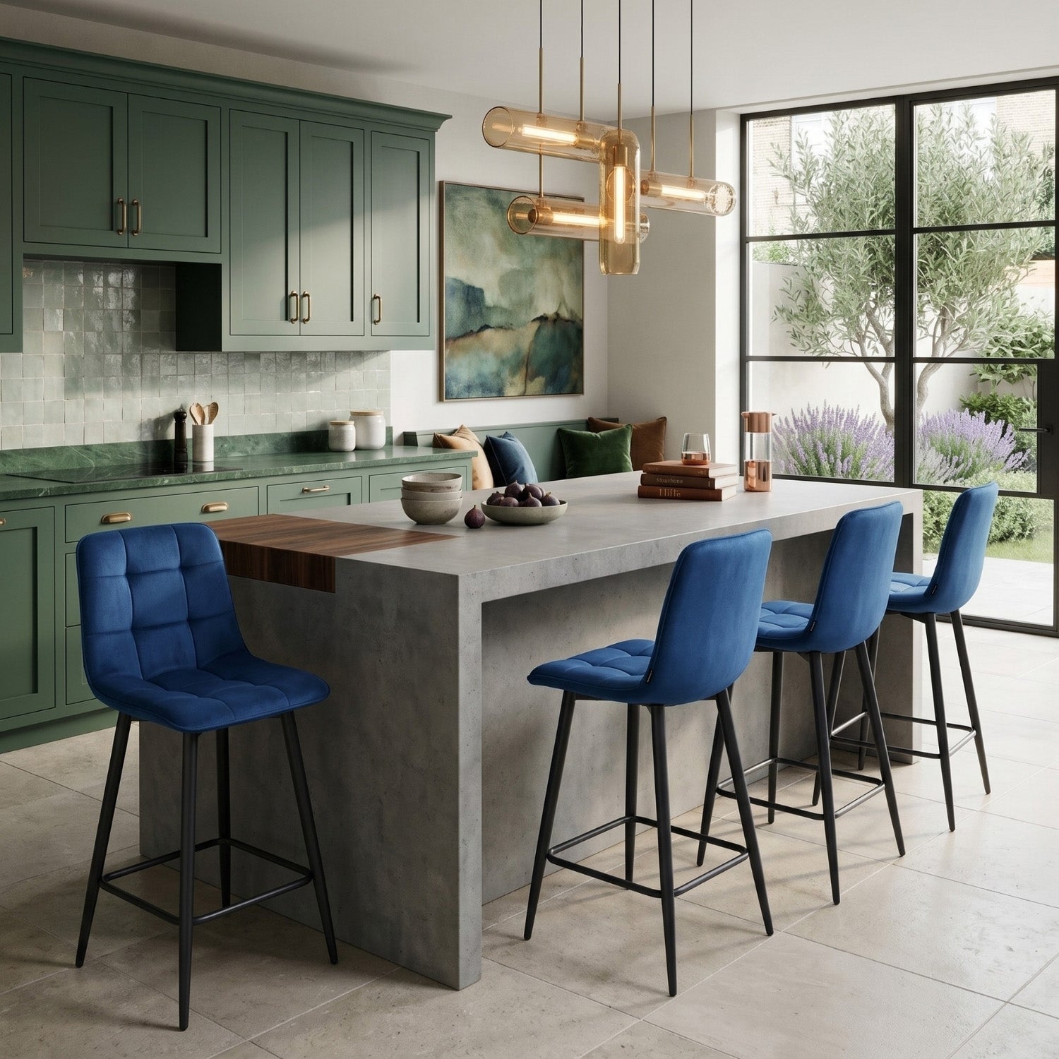 Tabouret de bar Ela - Bleu - Velours