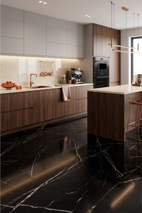 SPC Klick-Vinylboden - Calacatta Schwarz - Marmoroptik - 60 x 60 cm